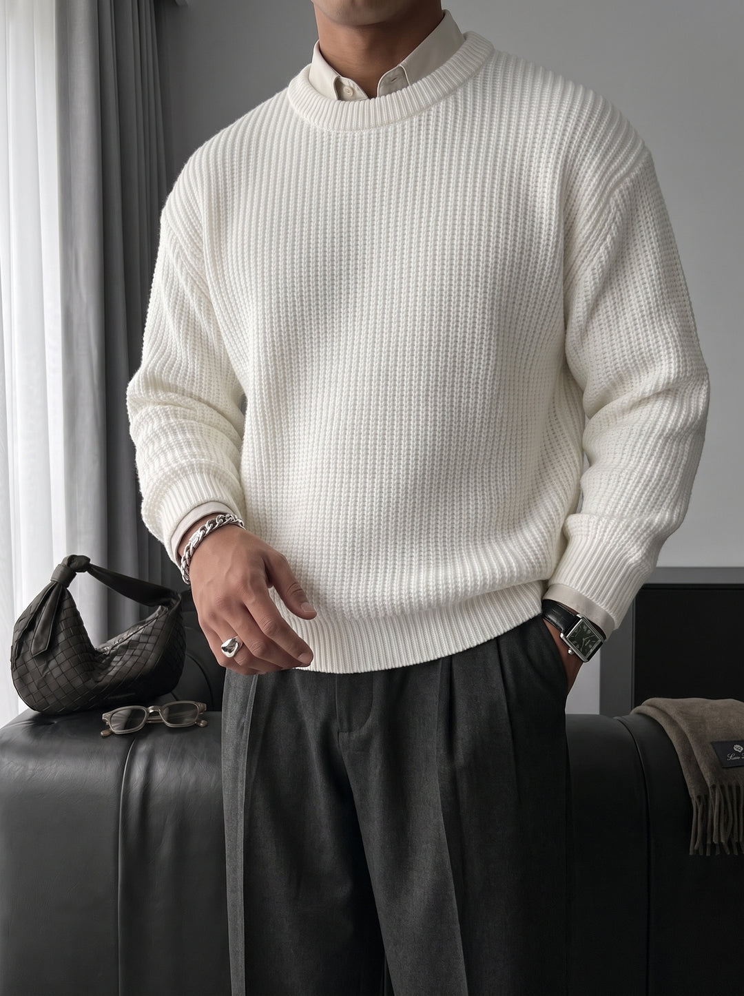 Oversize Structured Knit Sweater - Bright White