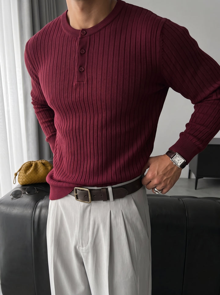 Slim Fit Button Knit Sweater - Bordeaux