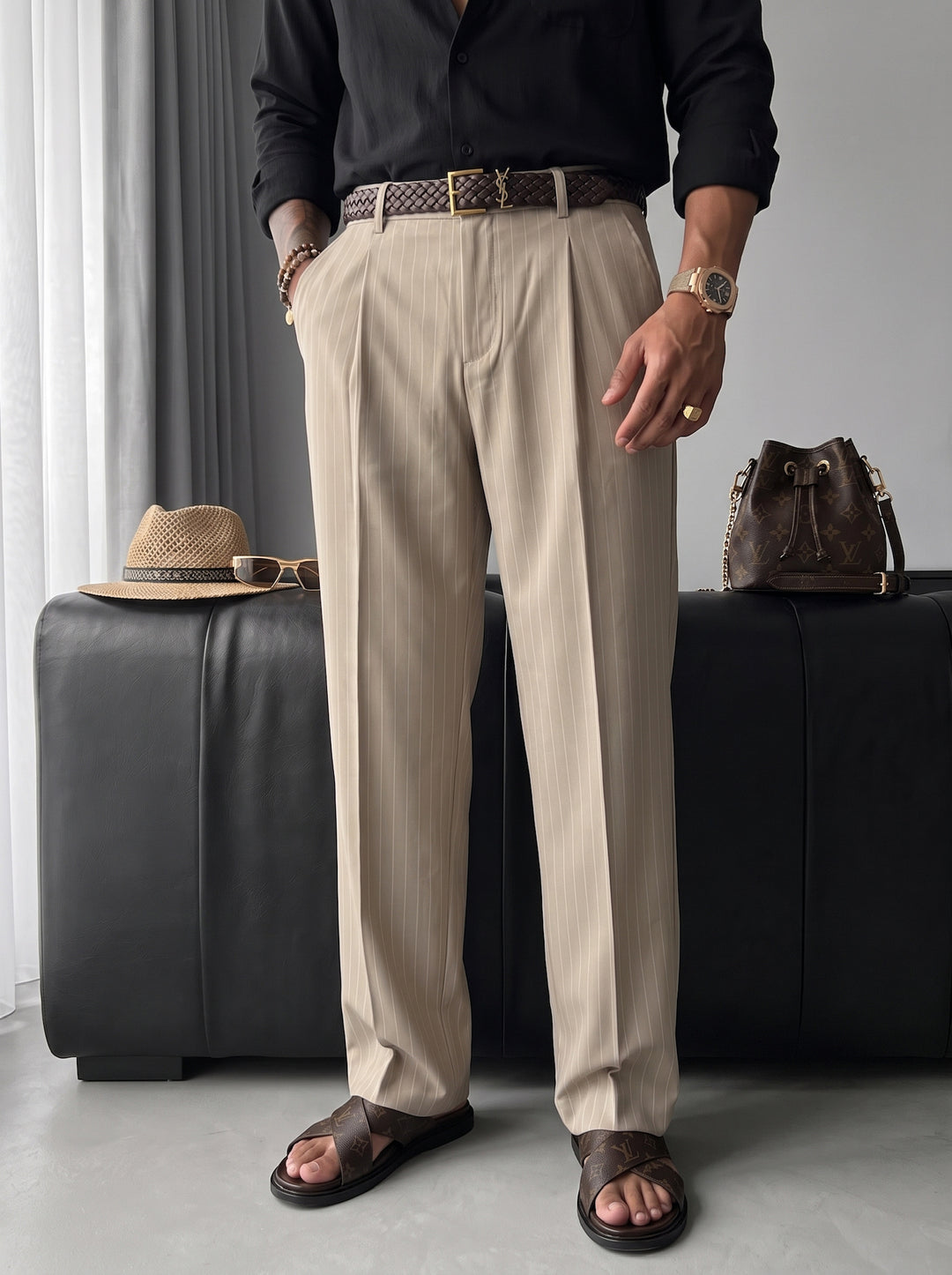 Loose Fit Striped Trousers - Beige