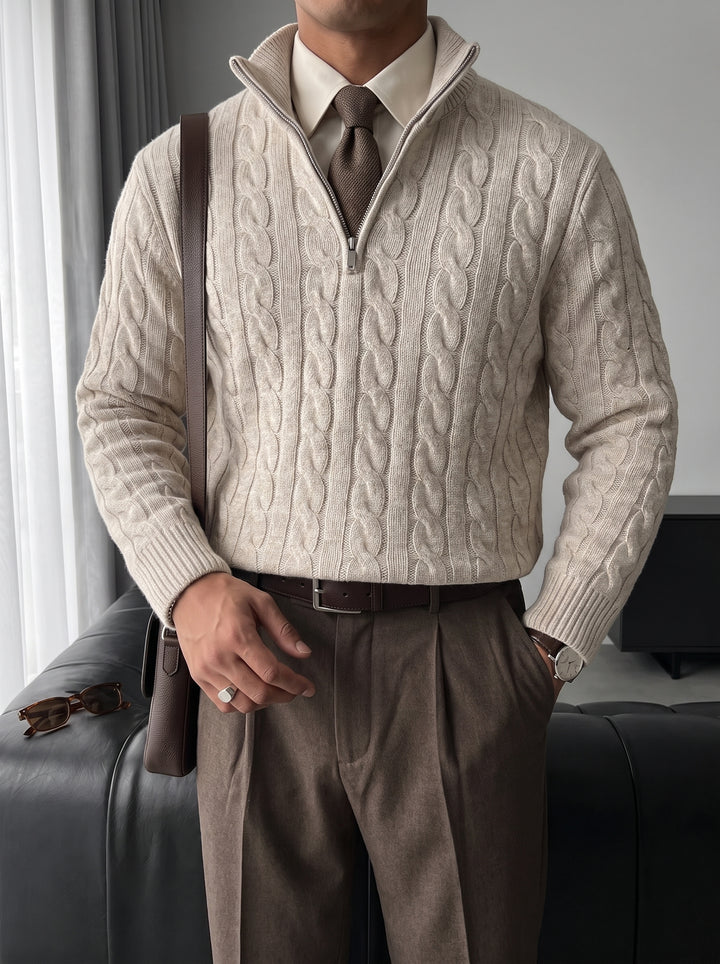 Oversize Collar Braid Pullover - Beige