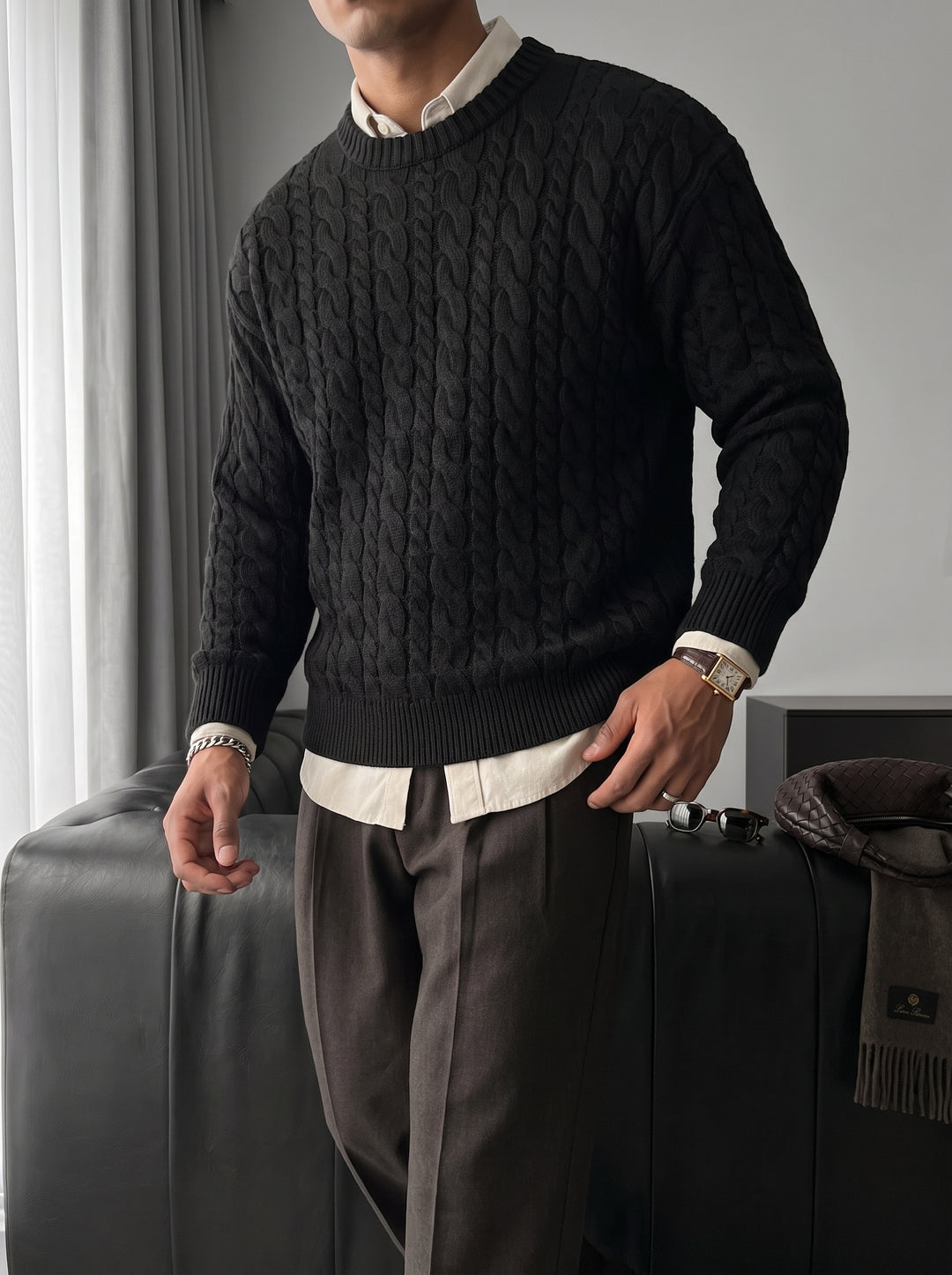 Oversize Knit Braid Sweater - Black
