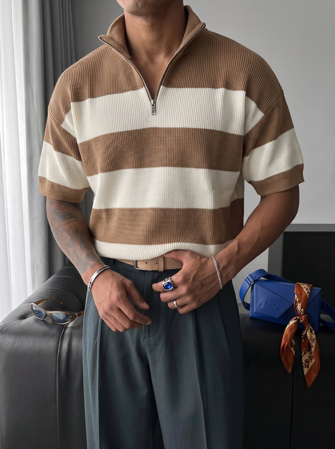 Regular Striped Knit T-shirt - Camel