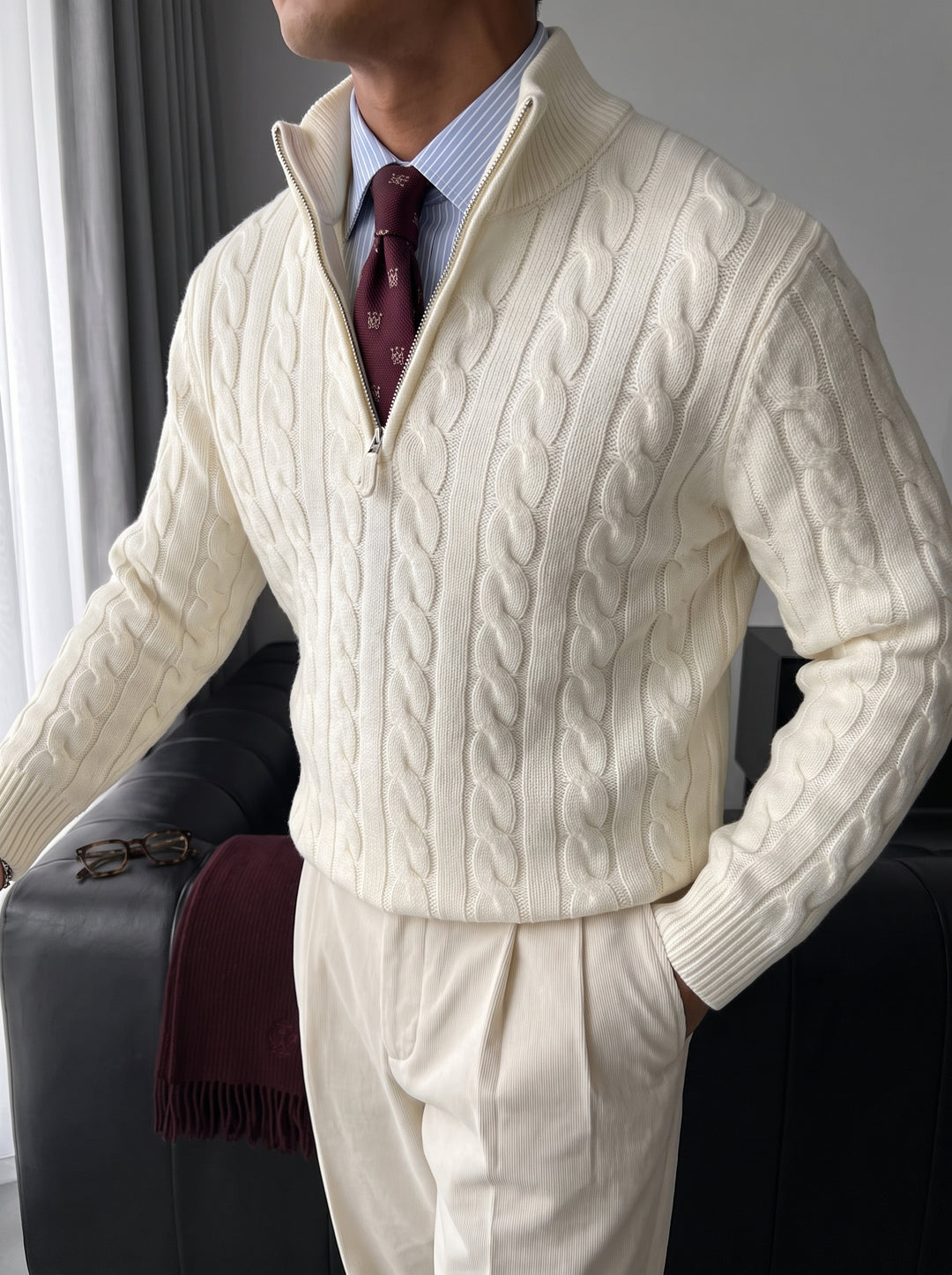Oversize Collar Braid Pullover - Ecru