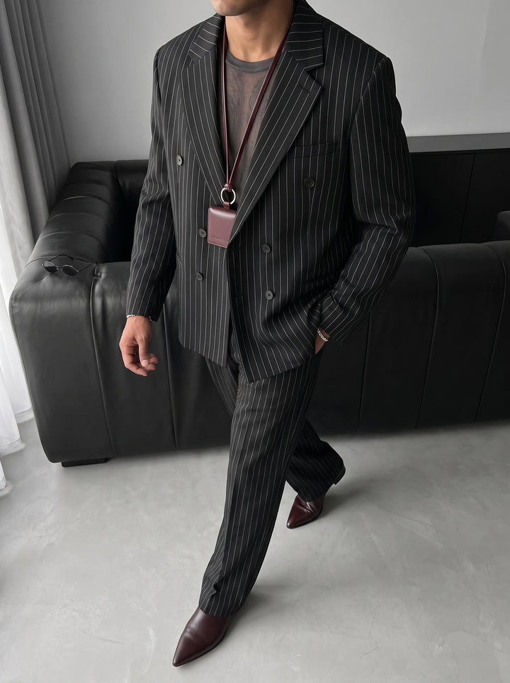 Oversize Pinstripe Double-Breasted Suit - Black