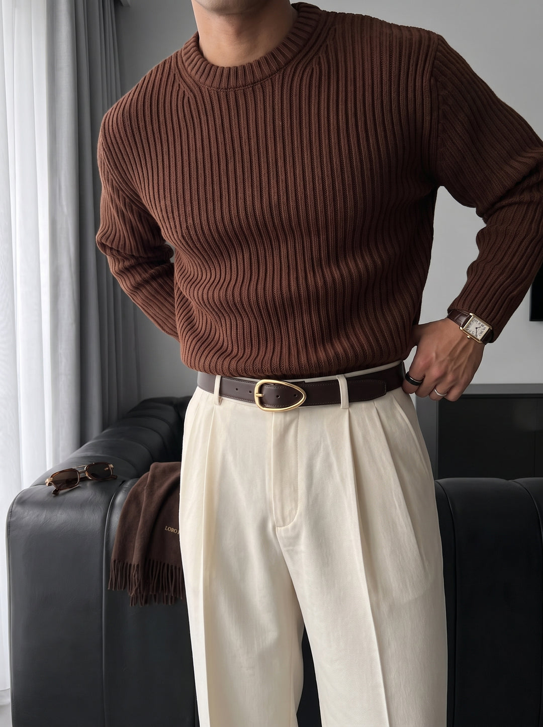 Loose Fit Striped Structure Pullover - Dark Brown