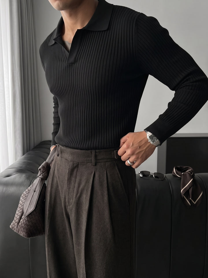 Slim Fit Knit Polo Sweater - Black
