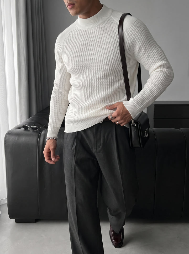Slim Fit Mock Neck Knit Sweater - Ecru