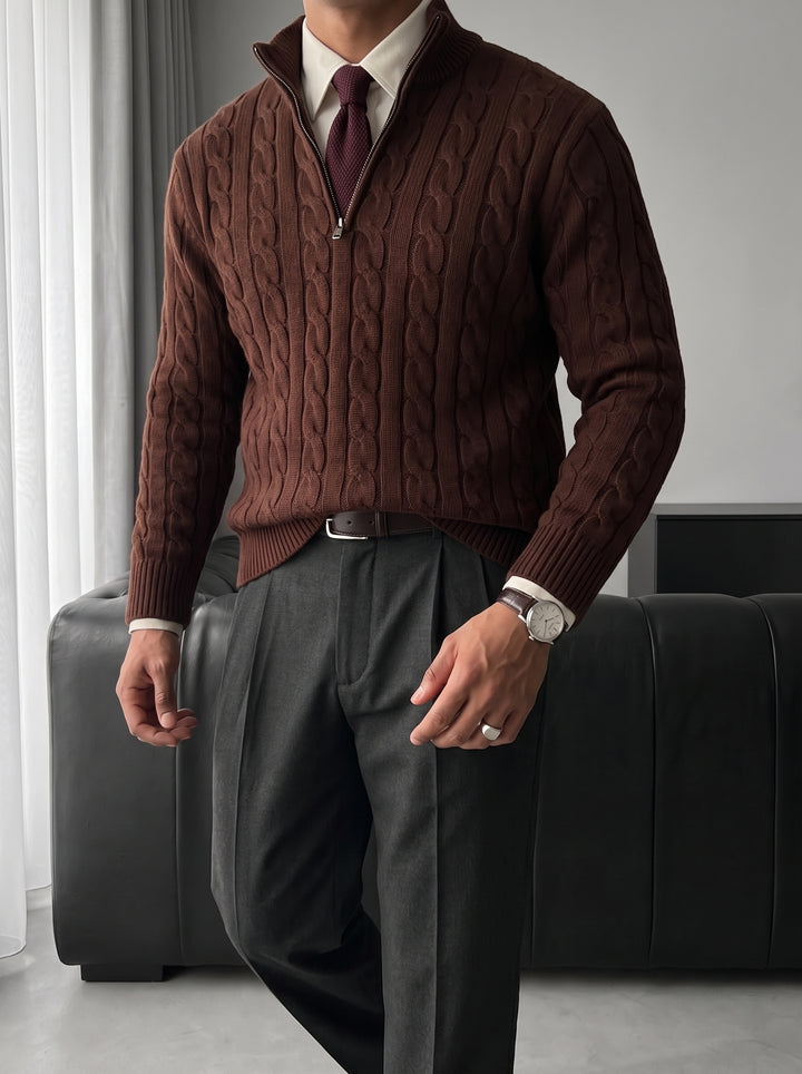 Oversize Collar Braid Pullover - Dark Brown