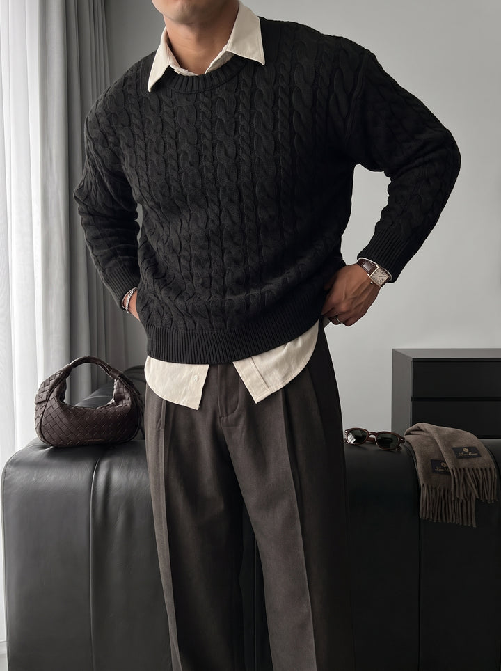 Oversize Knit Braid Sweater - Black