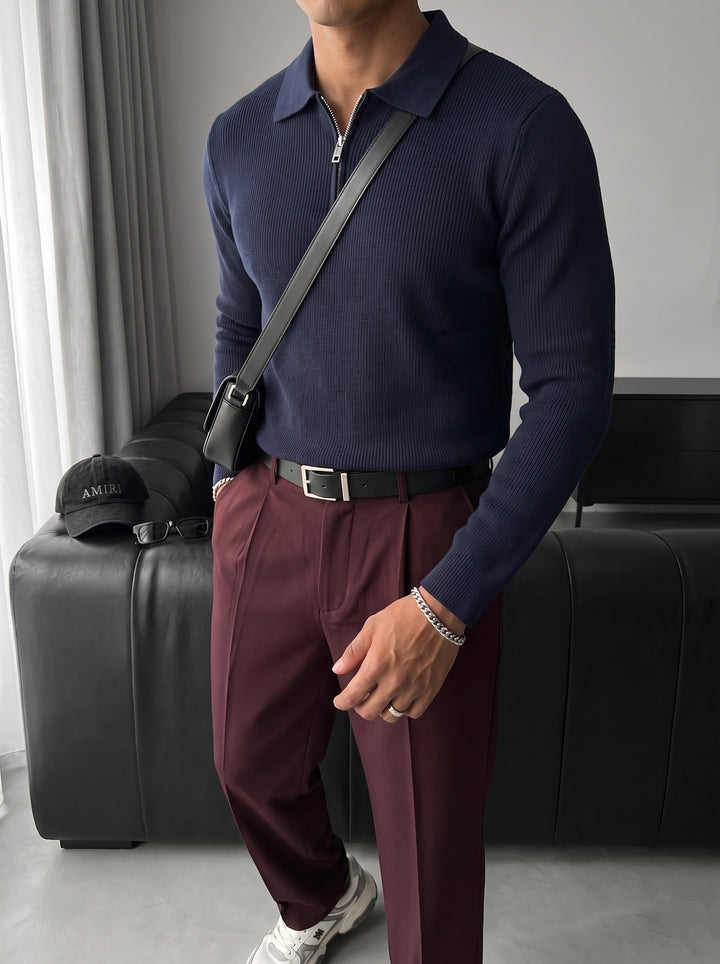 Loose Fit Polo Knit Sweater - Navy Blue
