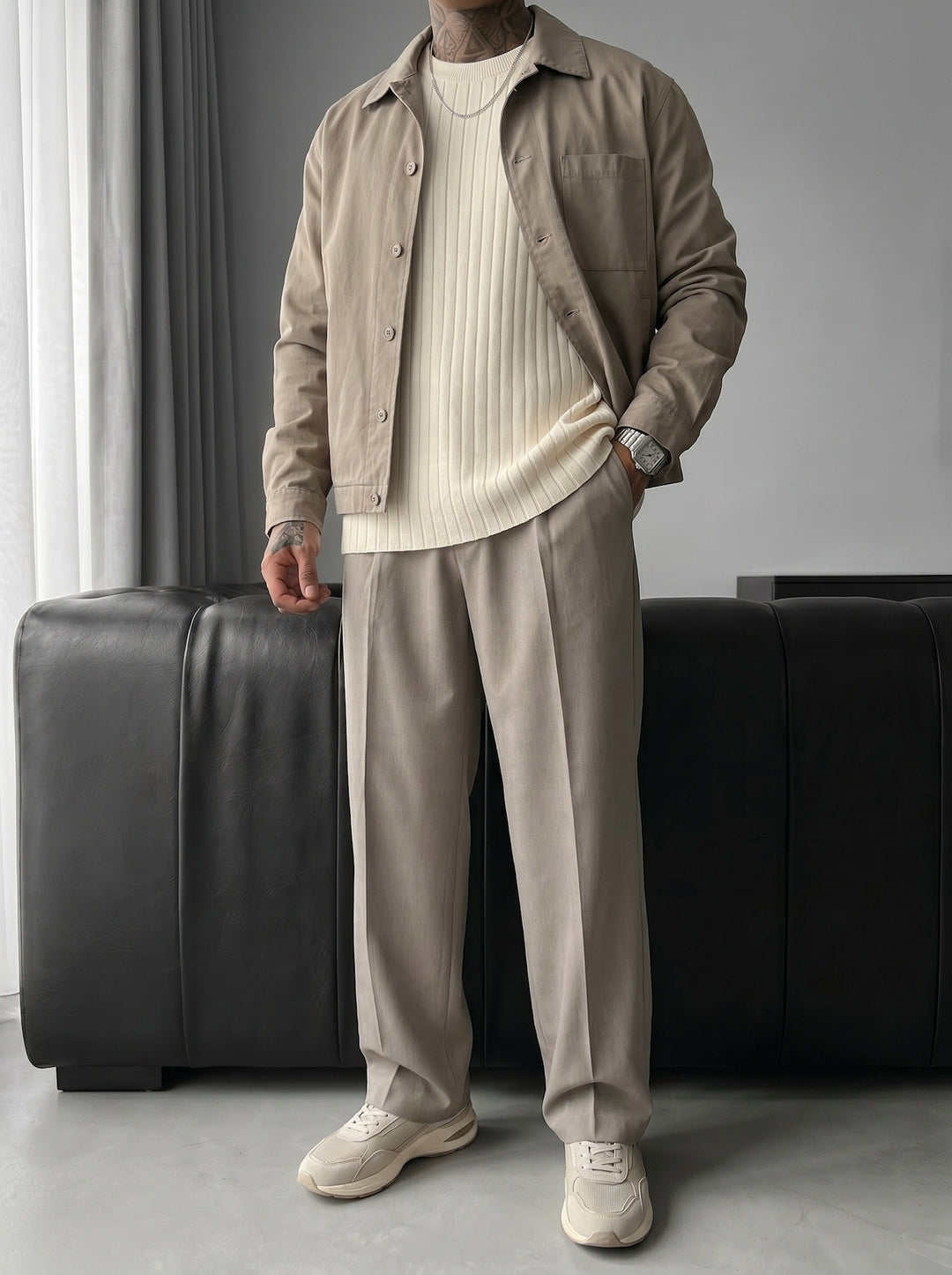 Oversize Wide Ribbed Long Arm Knit Sweatshirt - Stone