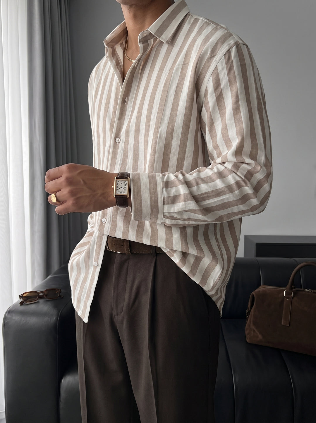 Oversize Cotton Striped Shirt - Camel