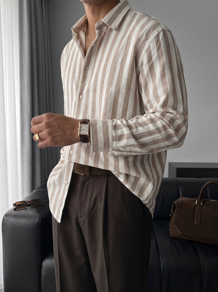 Oversize Cotton Striped Shirt - Camel
