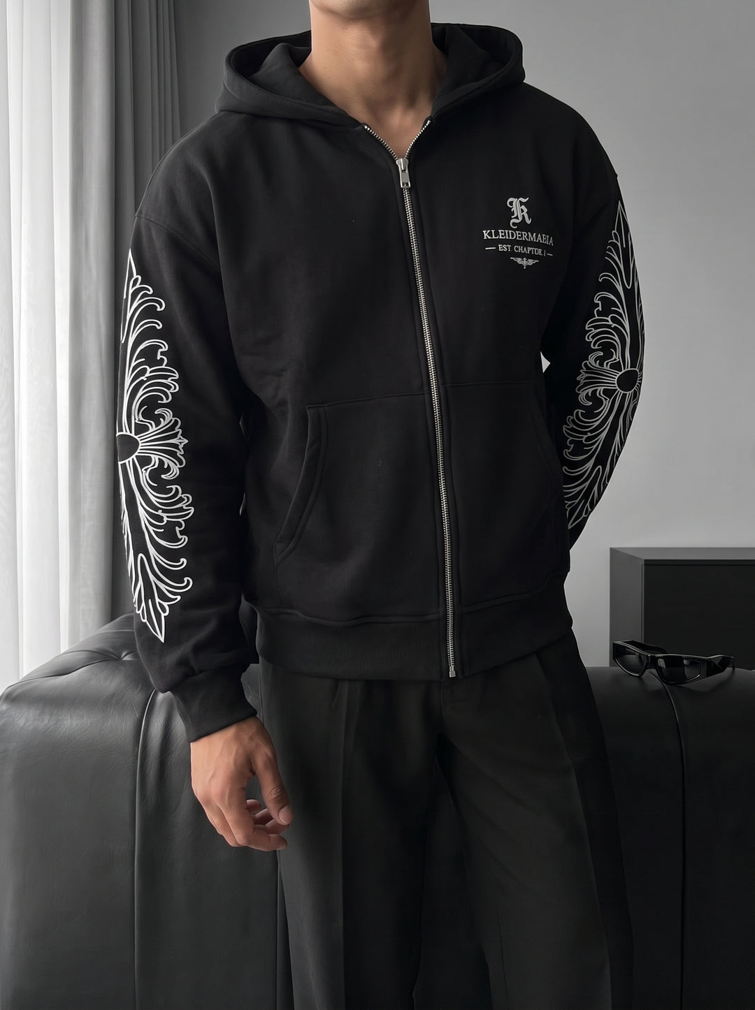Oversize Motif Zipper Hoodie - Black