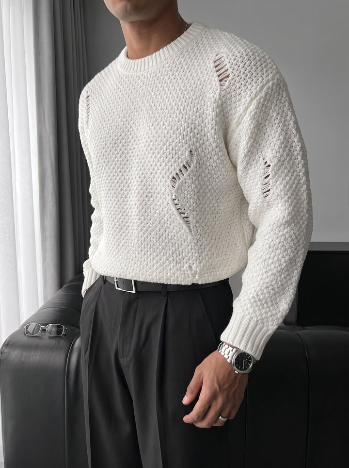 Regular Fit Textured Torn Sweater - White
