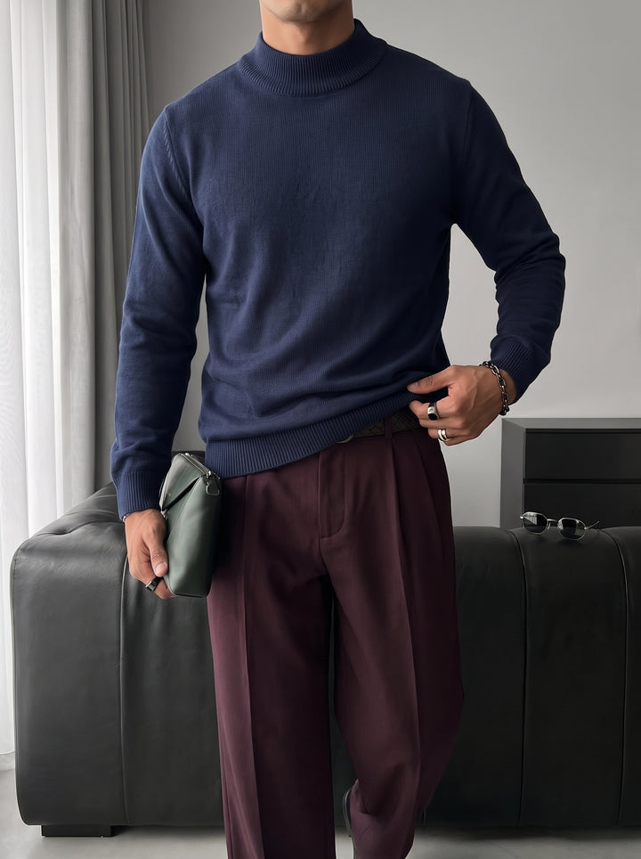 Loose Fit Half Neck Pullover - Navy Blue