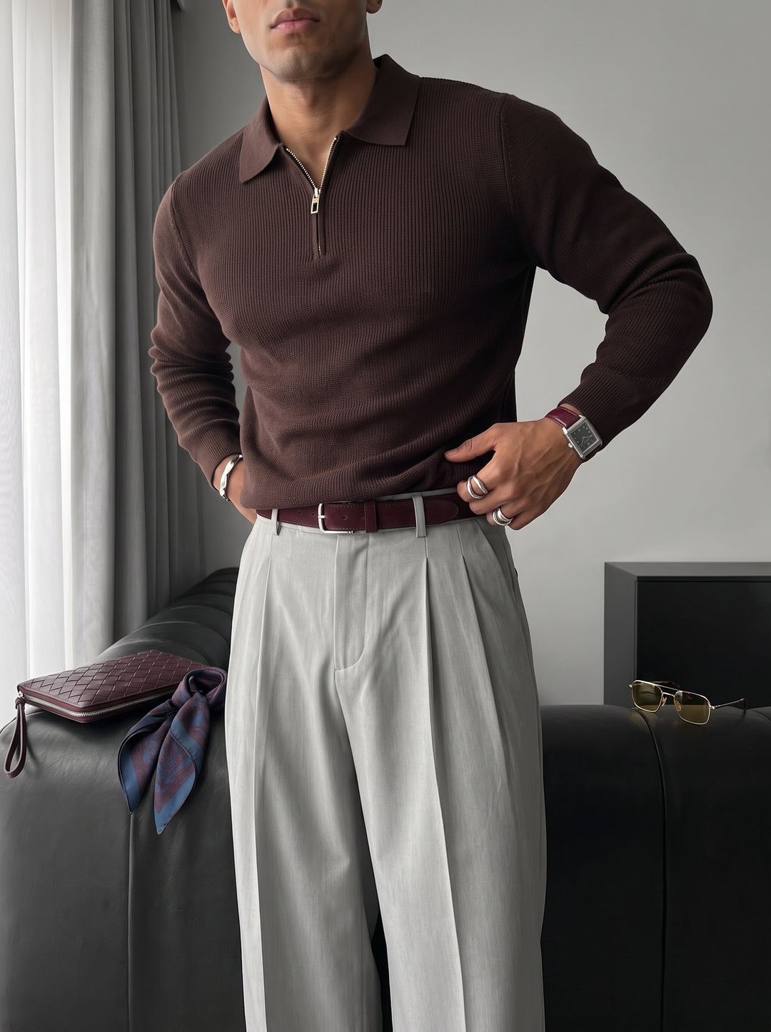 Loose Fit Polo Knit Sweater - Dark Brown
