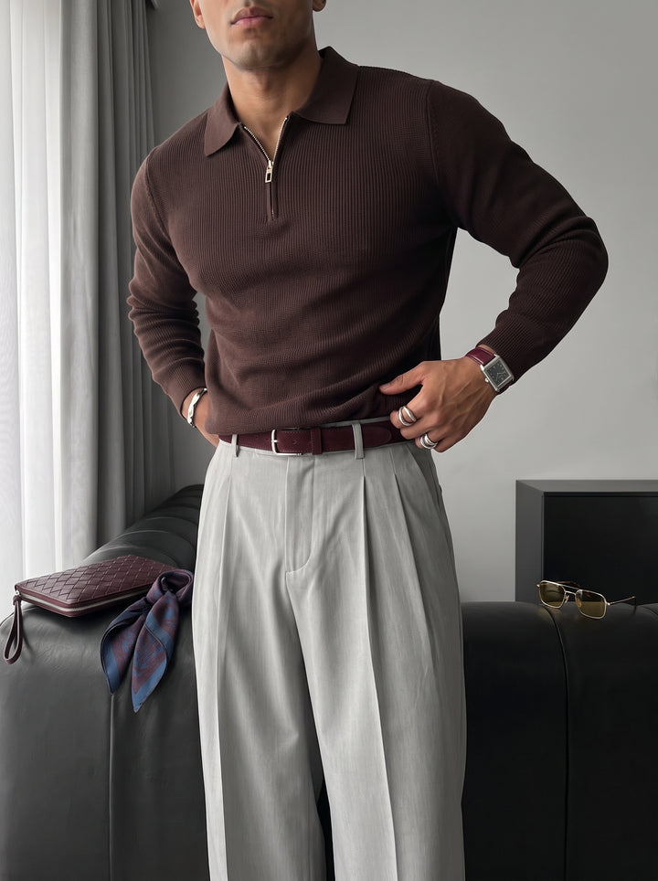 Loose Fit Polo Knit Sweater - Dark Brown