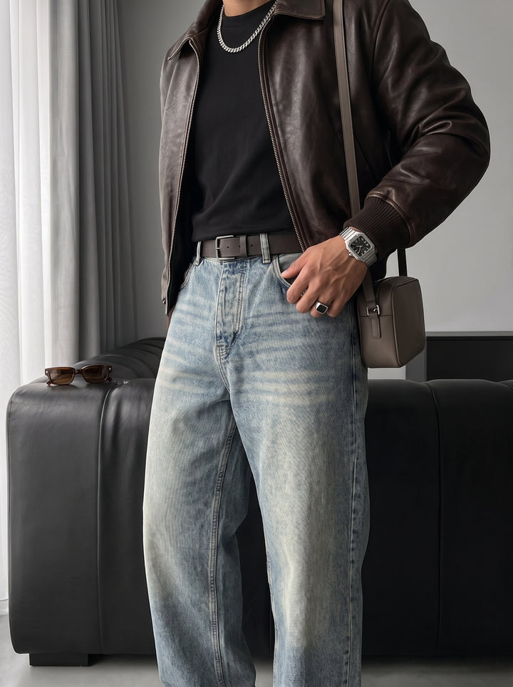 Baggy Fit Washed Jeans - Blue