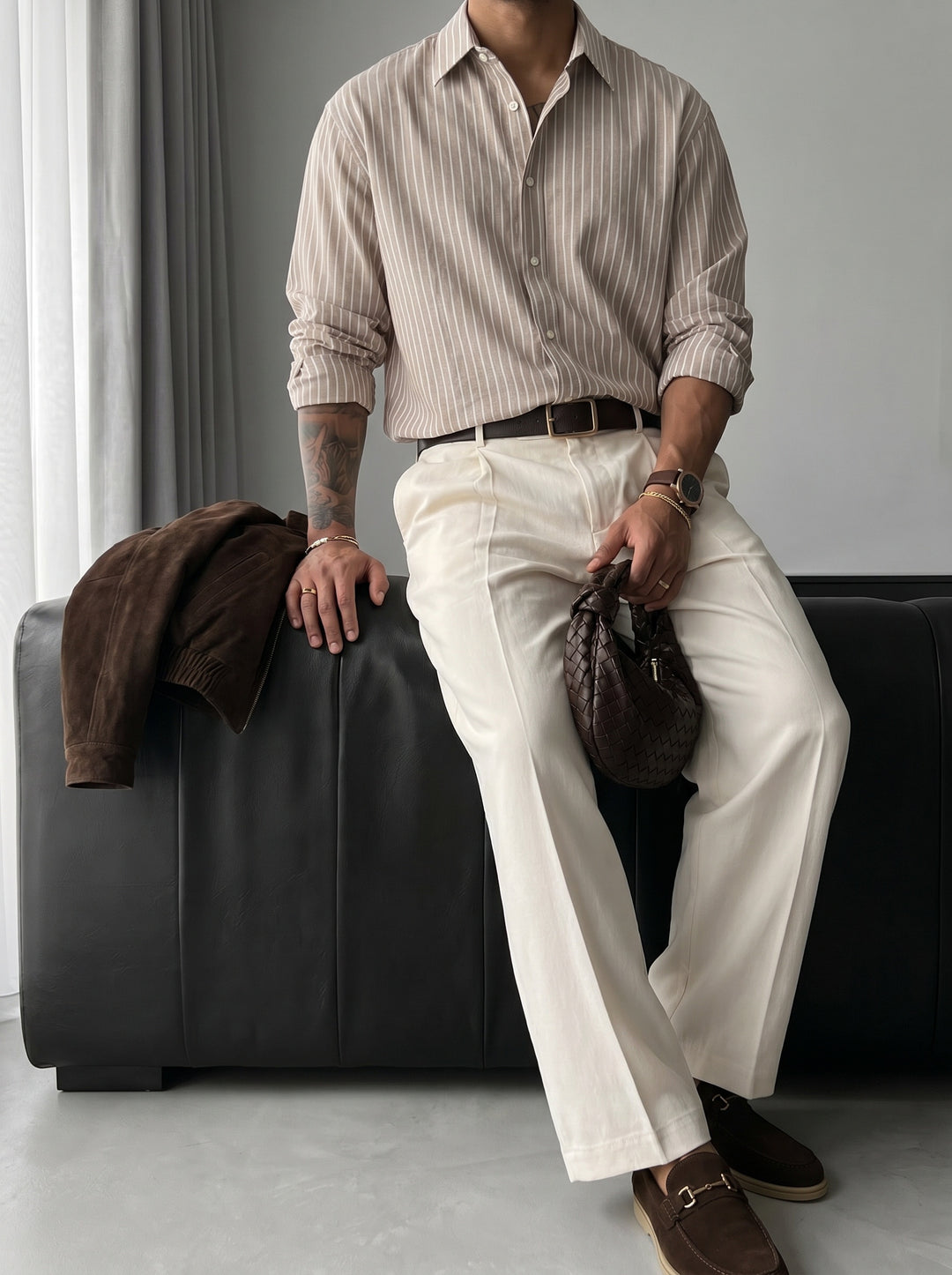 Oversize Cotton Thin Striped Shirt - Camel
