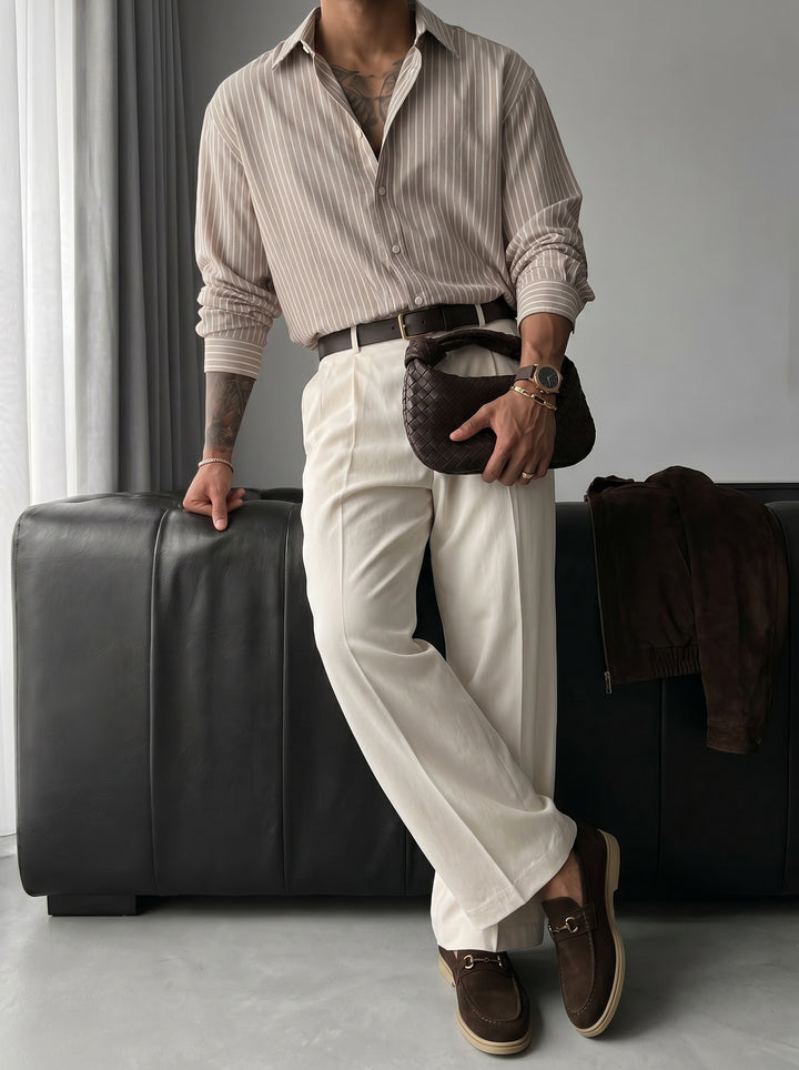 Oversize Cotton Thin Striped Shirt - Camel