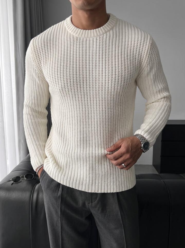 Slim Fit Braid Knit Sweater - White