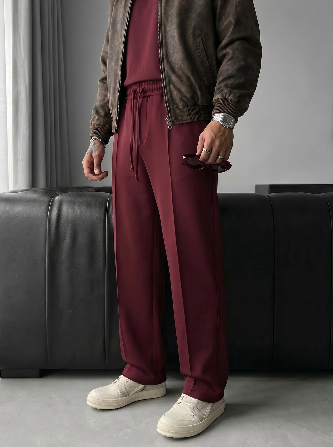 Loose Fit Diver Fabric Trousers - Bordeaux
