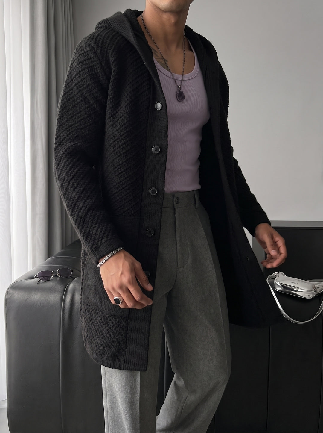 Loose Fit Button Textured Cardigan - Black