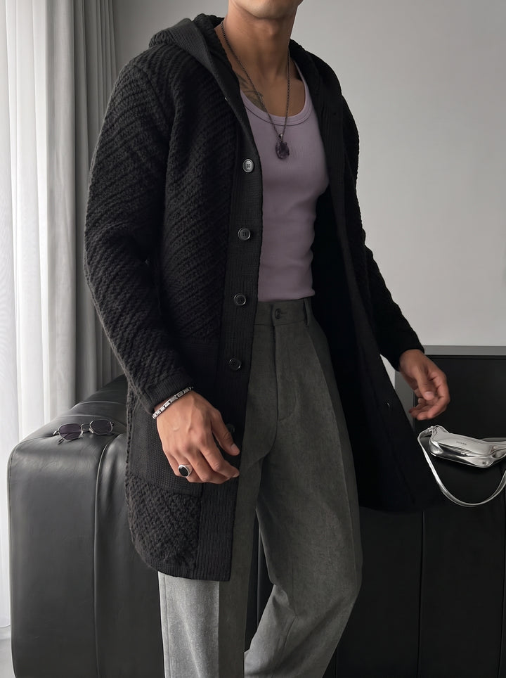 Loose Fit Button Textured Cardigan - Black