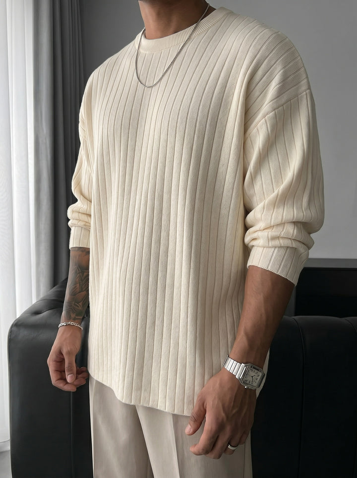 Oversize Wide Ribbed Long Arm Knit Sweatshirt - Stone