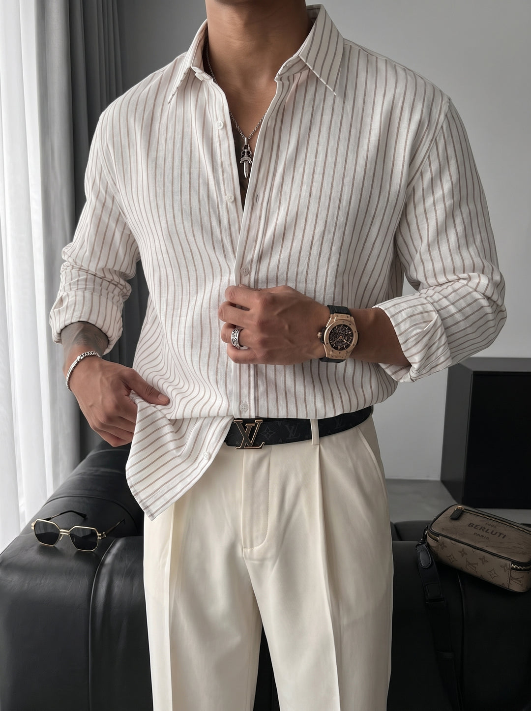 Oversize Cotton Thin Striped Shirt - Ecru and Camel