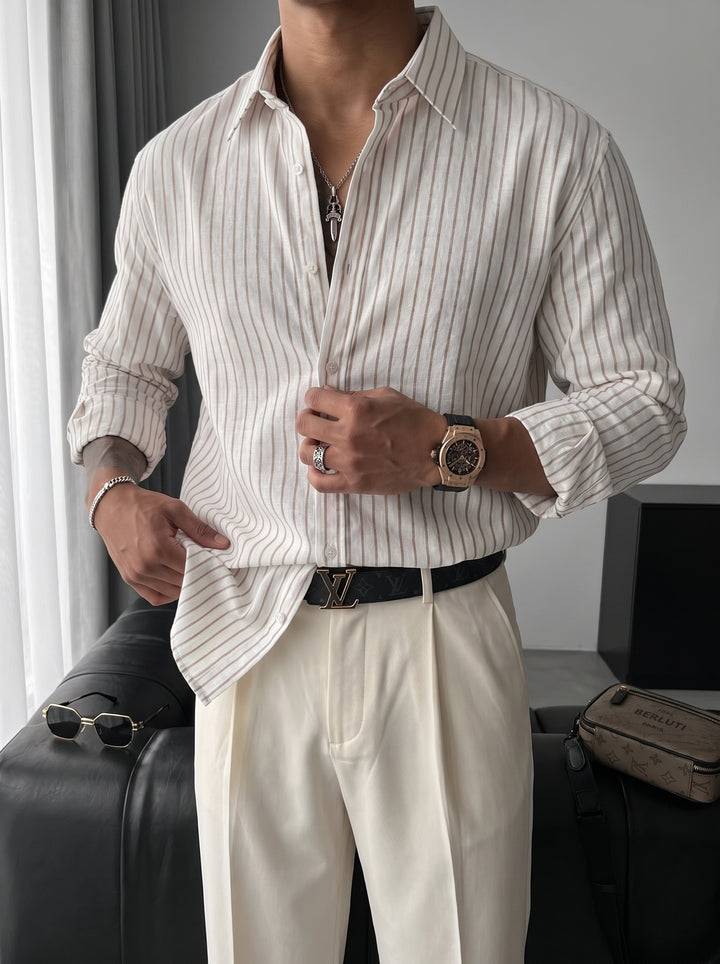 Oversize Cotton Thin Striped Shirt - Ecru and Camel