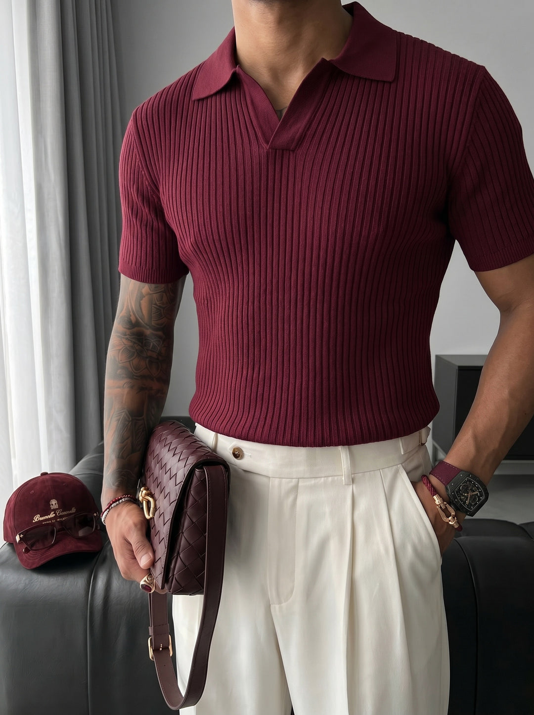 Slim Fit Knit Polo T-Shirt - Plum