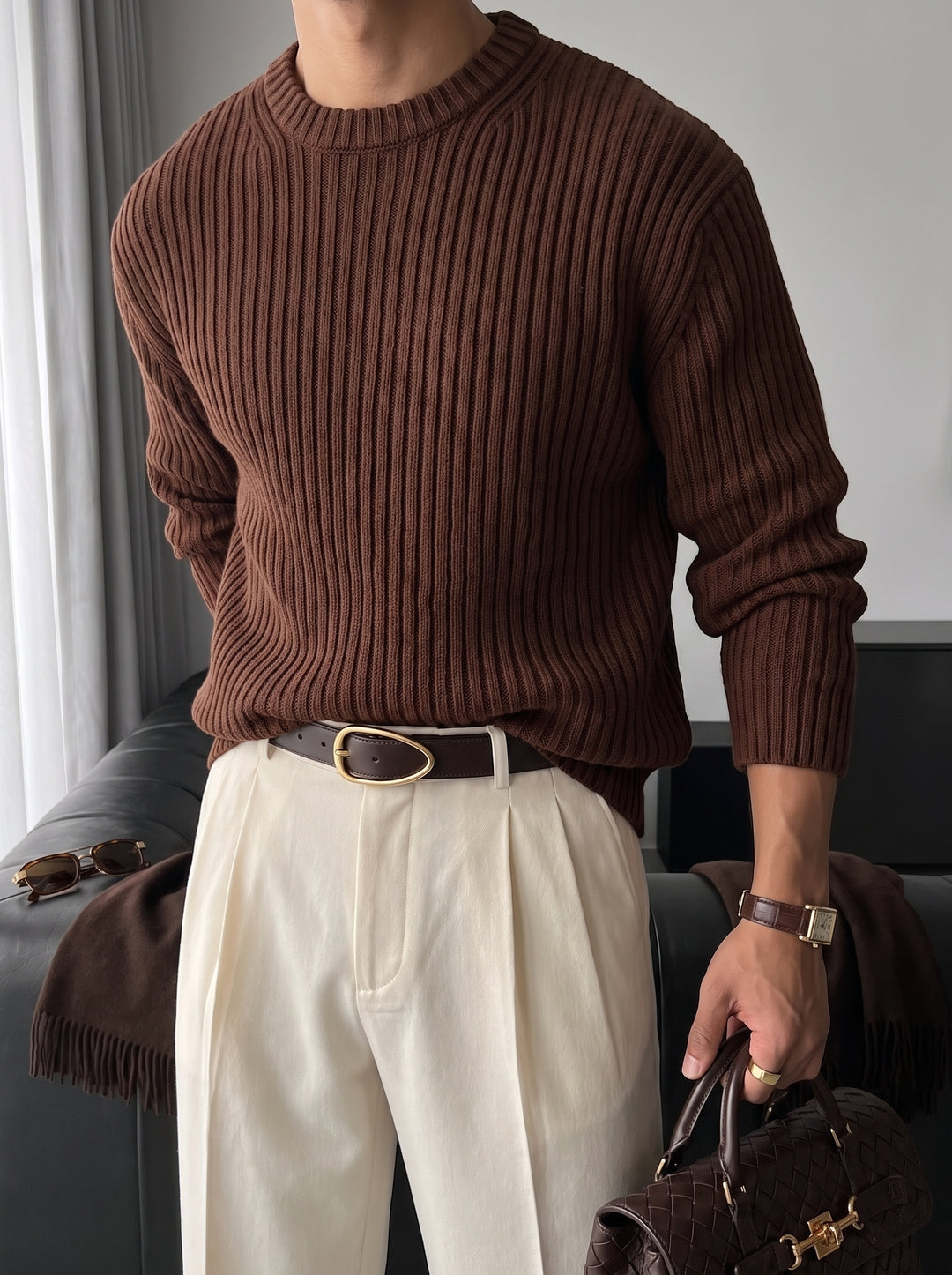 Loose Fit Striped Structure Pullover - Dark Brown