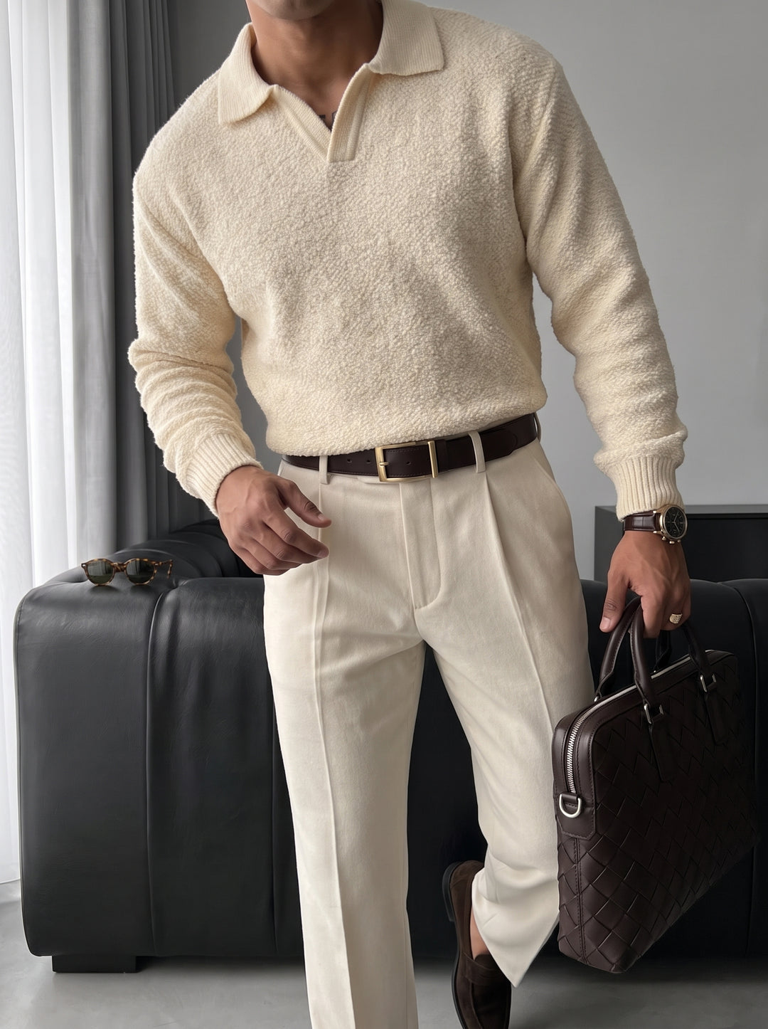 Knit Collar Brushed Pullover - Beige