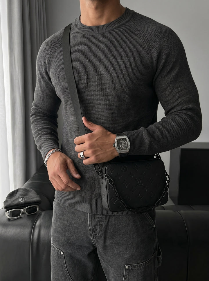 Slim Fit Thin Knit Sweater - Anthracite