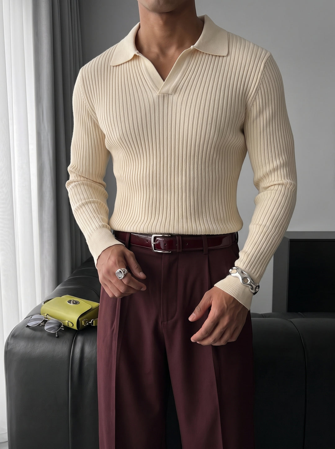 Slim Fit Knit Polo Sweater - Beige
