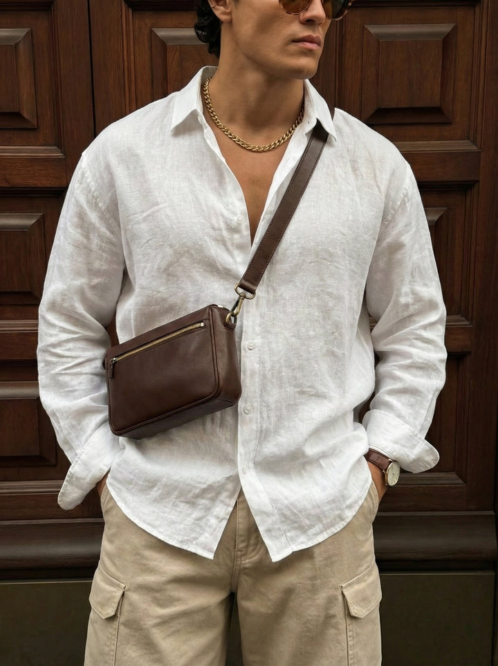 Regular Fit Long Arm Linen Shirt - White