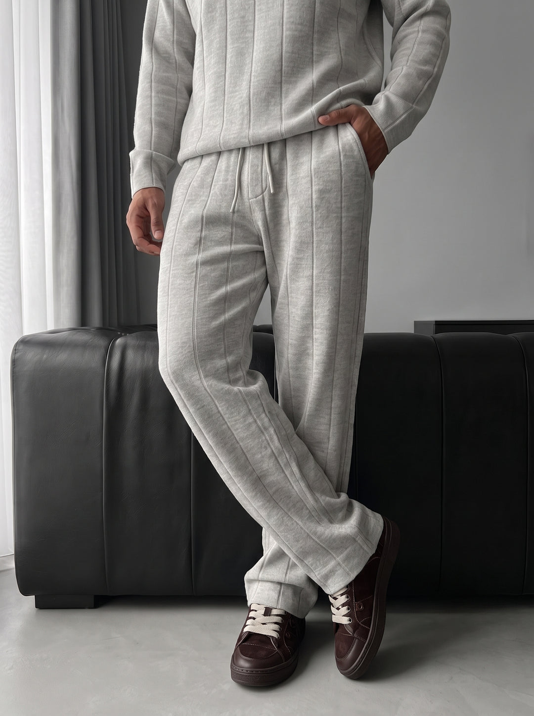 Loose Fit Lines Knit Pants - Light Grey