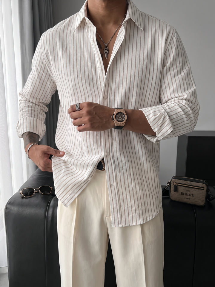 Oversize Cotton Thin Striped Shirt - Ecru and Camel