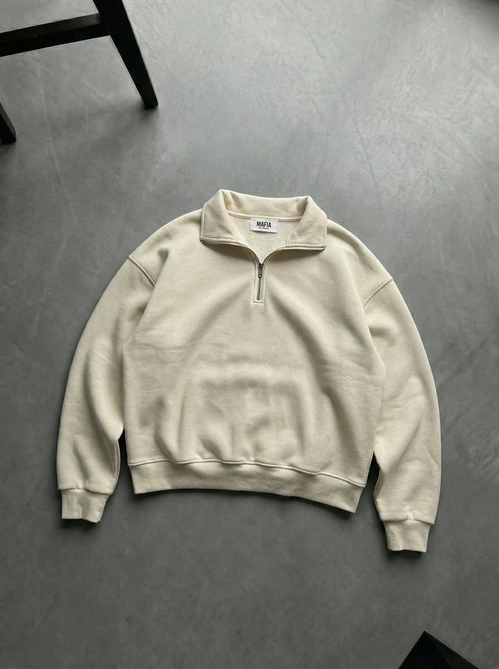 Oversize Half-Zip Polo Sweatshirt - Beige