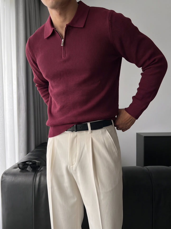 Loose Fit Polo Knit Sweater - Bordeaux