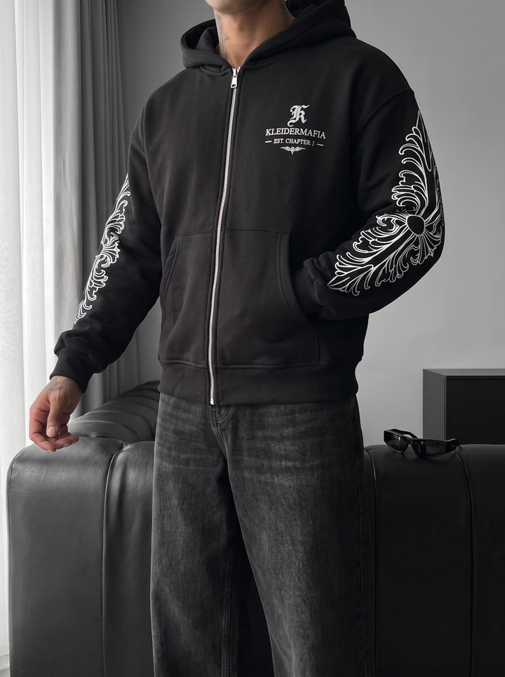 Oversize Motif Zipper Hoodie - Black