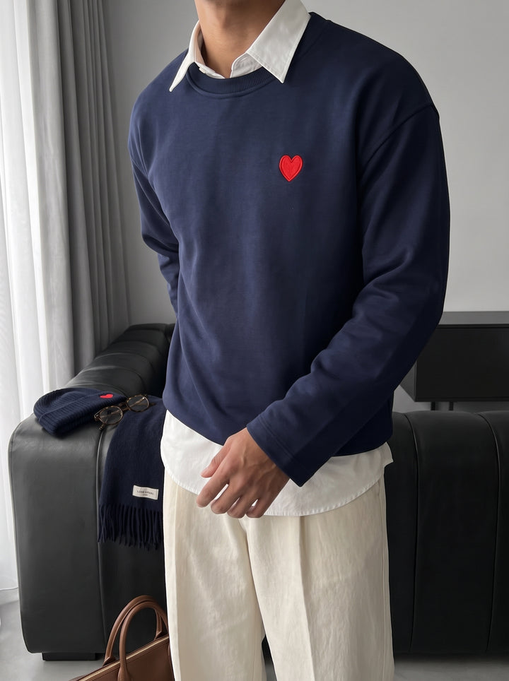 Oversize Heart Detailed Sweatshirt - Navy Blue