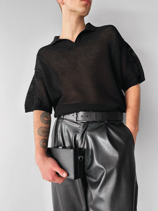 Oversize Knitted Collar Tee - Black